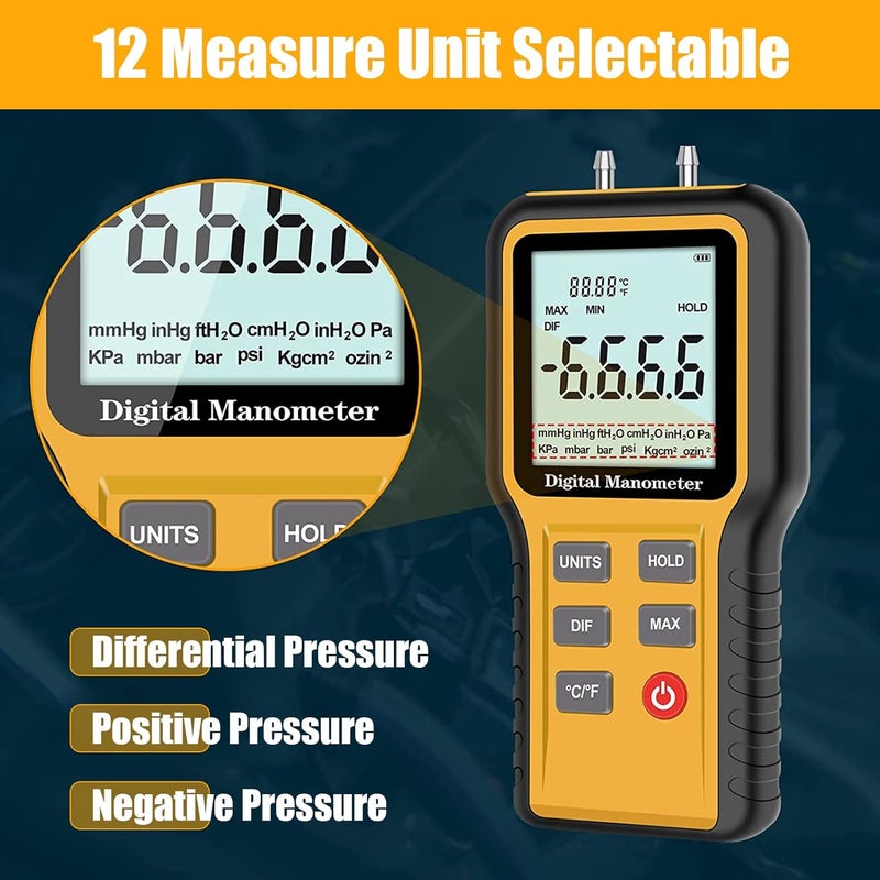 BTMETER Manometer Gas Pressure Meter, Dual Port Manometro Pressure Differential Gauge Check Air Flow Pressure for HVAC Gas Furnace, Digital Manometer w/Backlight 12 Measure Units QX-1201 - Image 3